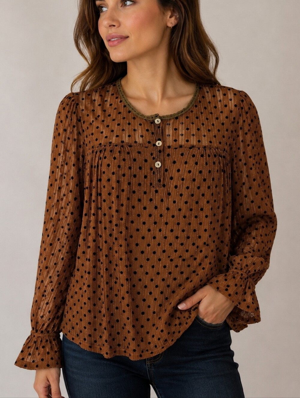 Vintage SML 1990s Lace Overlay Polka Dot Metallic Poet Blouse